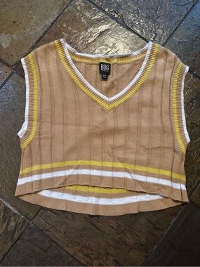 BDG Rori Boxy Cropped V-Neck Knit Vest in Tan with Yellow & White Stripes